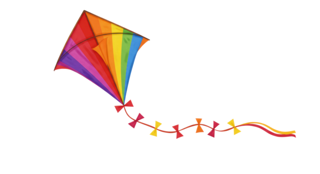 A bright, rainbow colored kite floats gracefully, tails fluttering, against a dark, stark sky background