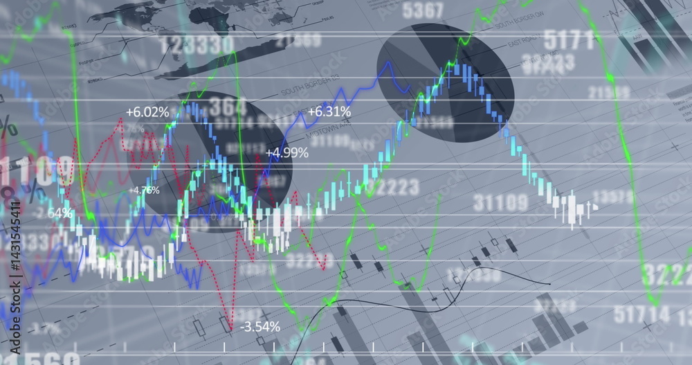 Poster image of financial data and graphs over grey background