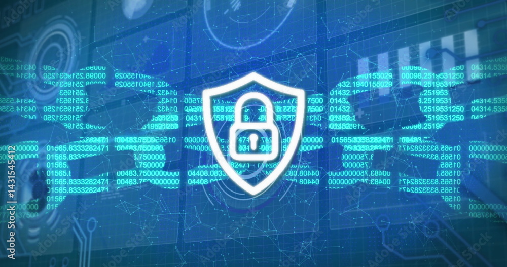 Poster image of digital shield with padlock and block chain on blue background with diverse data