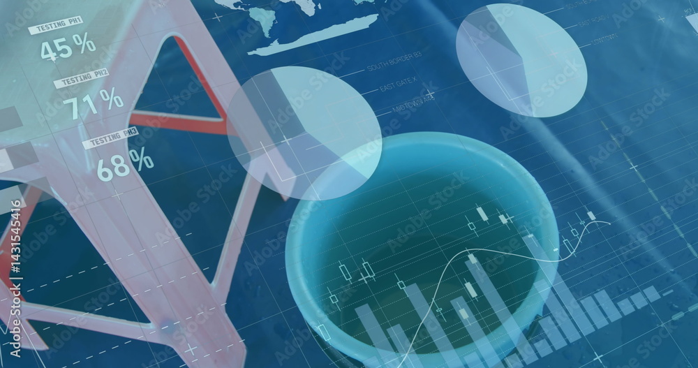 Poster image of data and graphs over stool and bucket on blue background