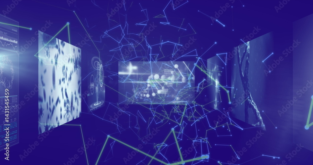Poster image of network of connections and data processing over blue background