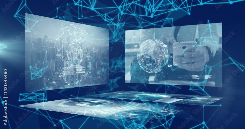 Poster image of network of connections and data processing over blue background