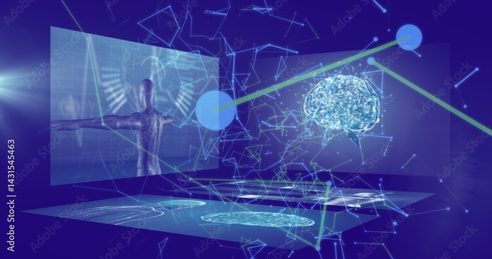 Poster image of network of connections and data processing over blue background