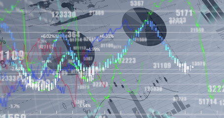 Image of financial data and graphs over grey background