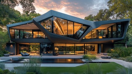 Obraz premium Modern Architectural Gem: Dusk-lit Facade of a Striking Contemporary Home