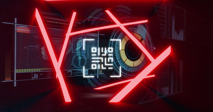 Image of qr code over neon shapes and data processing on black background