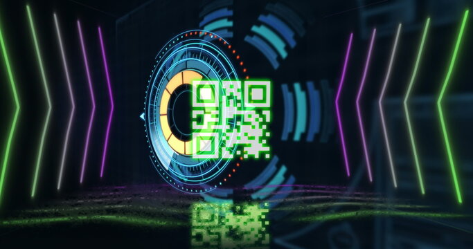 Image of qr code over neon shapes and scope scanning on black background