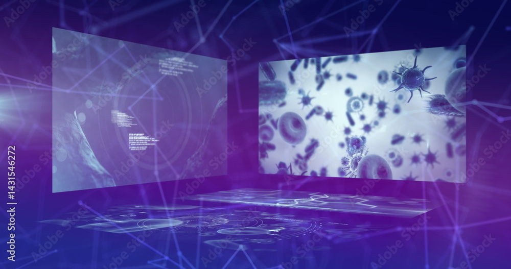 Poster image of network of connections and data processing over blue background