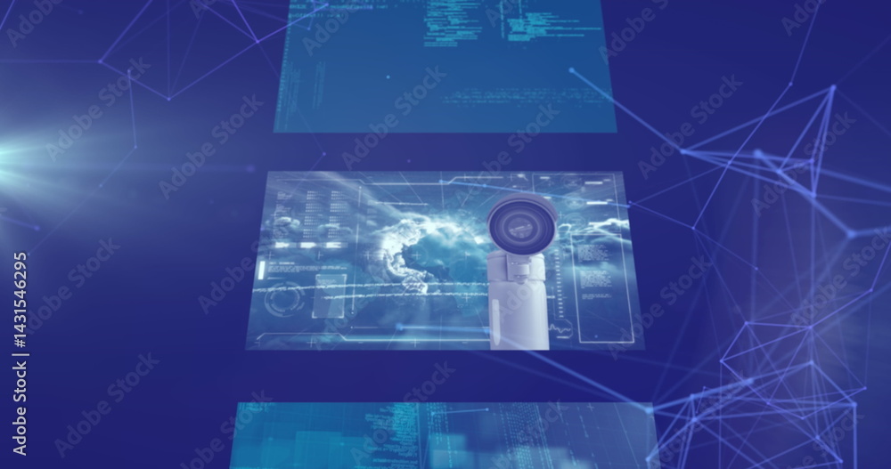 Poster image of network of connections and data processing over blue background