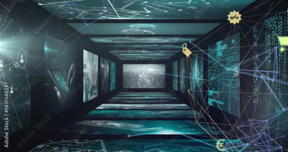 Poster image of network of connections and data processing over black background