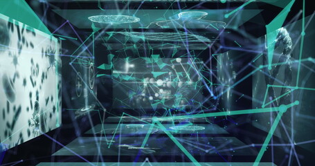 Image of network of connections and data processing over black background