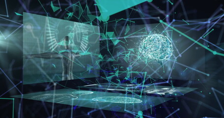 Image of network of connections and data processing over black background