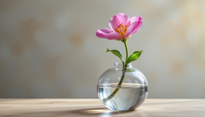 A delicate flower emerging from an organic shaped glass container, reflecting soft, watercolor like tones.