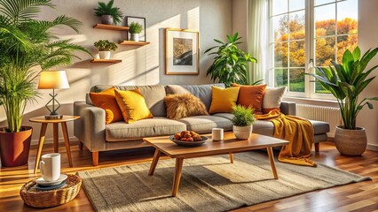 Cozy Living Room Interior Design with Comfortable Sofa, Modern Decor