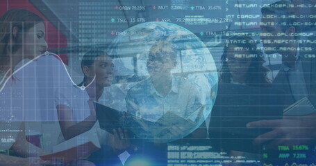 Image of financial data processing and globe over diverse business people in office