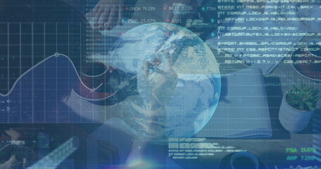 Image of financial data processing and globe over diverse business people in office