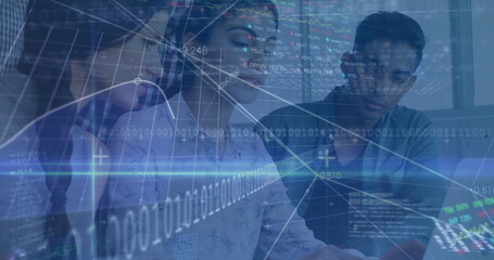 Image of financial data processing and stock market over diverse business people in office