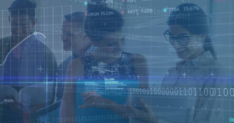 Image of financial data processing and stock market over diverse business people in office