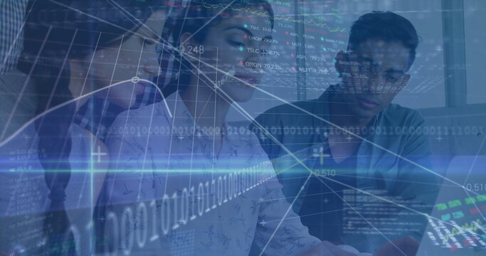 Image of financial data processing and stock market over diverse business people in office - Powered by Adobe