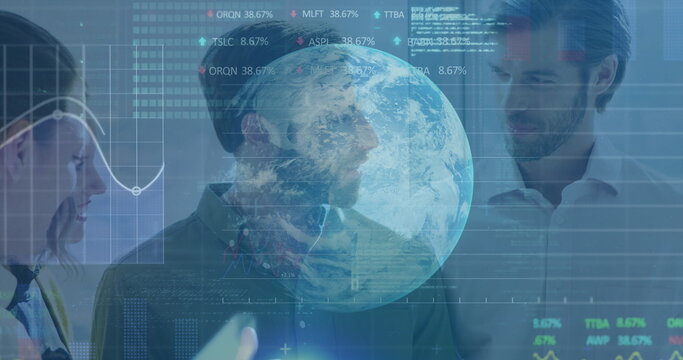Image of binary coding data processing and globe over diverse businessmen