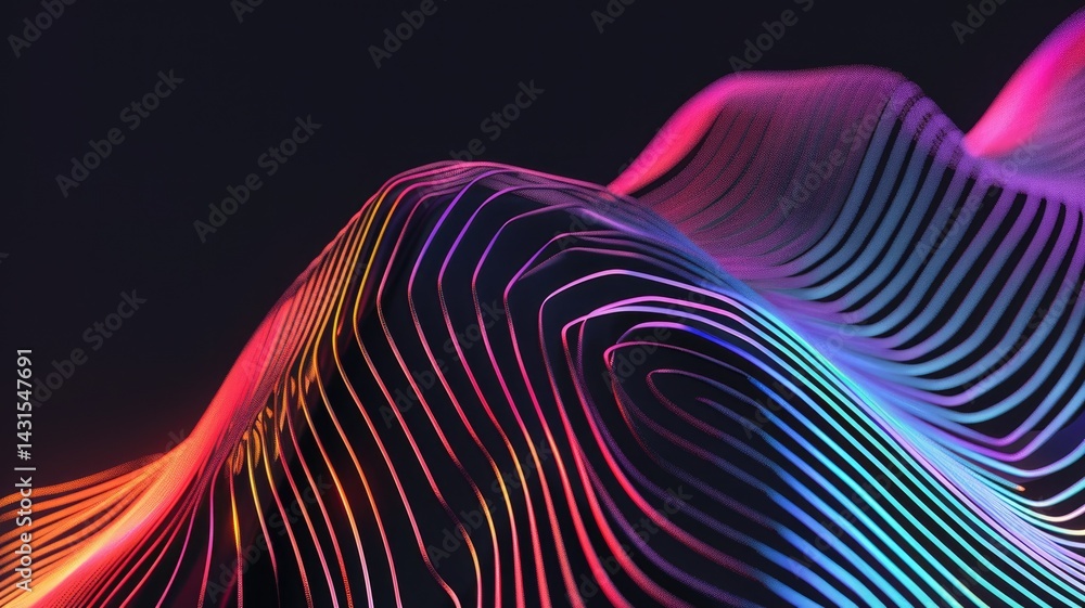 Poster colorful neon light trails on a dark background. abstract artwork of curve line with wave shape with