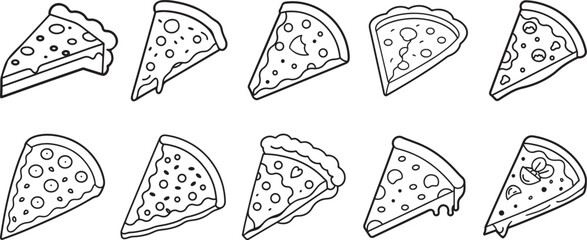 set of pizza slices line art, black outline, vector and illustration, coloring book page line art drawing