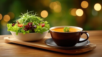Fototapeta premium Fresh green salad bowl and orange soup cup served together on a wooden board