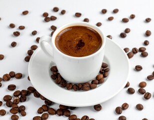 Fototapeta premium turkish coffee in a white cup with coffee beans around, white background