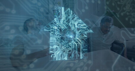 Image of house with computer circuit board over diverse patients