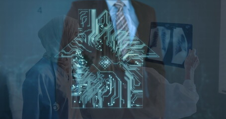 Image of caucasian businessman and house with computer circuit board over diverse doctors