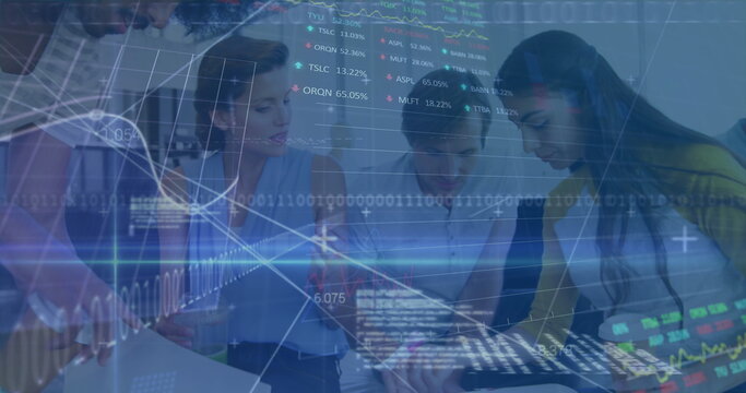 Image of financial data processing and stock market over diverse business people
