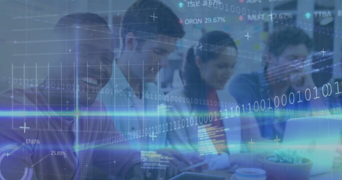 Image of financial data processing and stock market over diverse business people - Powered by Adobe