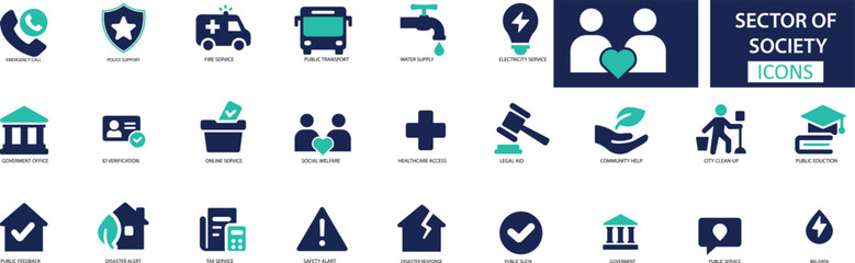 Sector of Society Icon Set  Education, Healthcare, Finance, Government and  More
