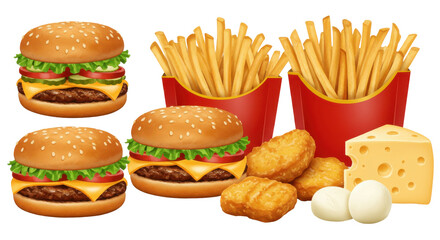 Two french fries, three burgers, and chicken nuggets next to cheese on a dark background