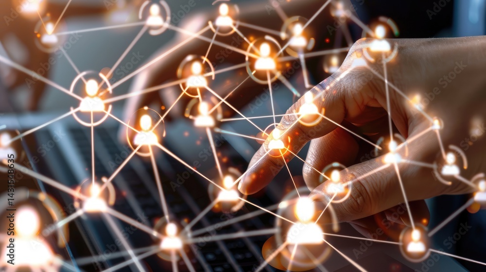 Poster hand touching digital network connection interface. futuristic technology and communication concept.