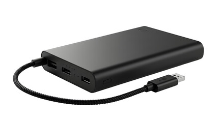 Portable power bank with charging cable on transparent background