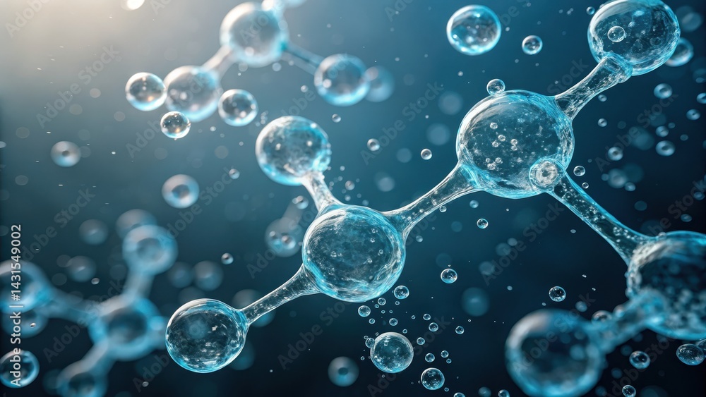 Poster water consumption hydration usage concept. molecular structure with bubbles in a blue background, il