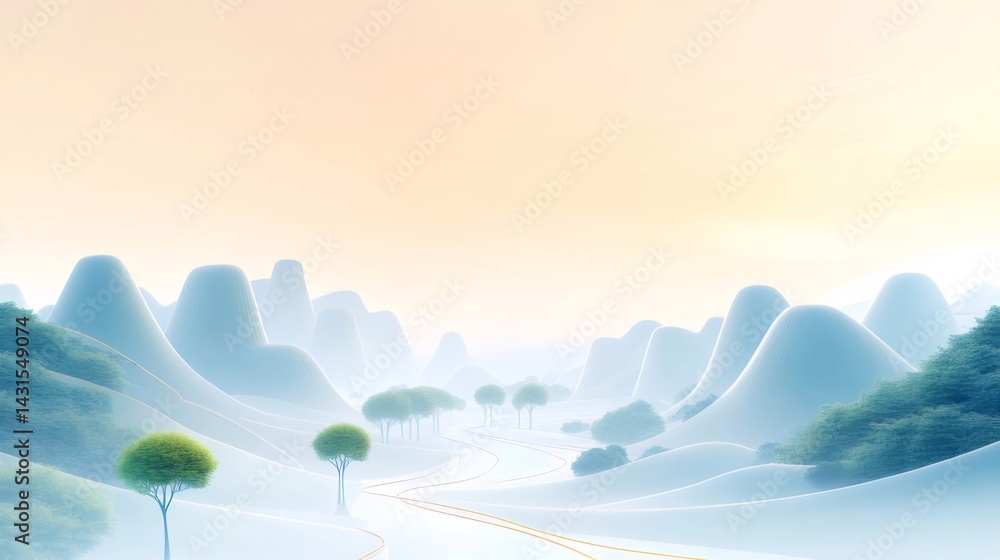 Poster 優しい日の光と霧に包まれた風景 青い山々と緑の木々 オレンジ色の光が道を照らす 美しいデジタルアート作品