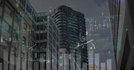 Image of moving mathematical formulas over cityscape