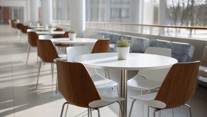 Fototapeta premium A modern design university cafeteria, with white round tables and chairs of student to enjoy their meal