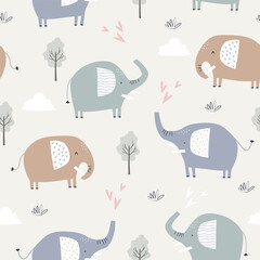 Childish and playful seamless pattern with cute elephant, tree and cloud. Vector illustration for kids or baby apparel,  textile, print, wrapping paper, kindergarten, nursery background and other
