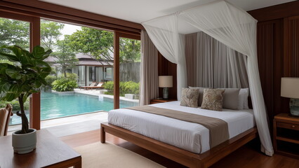 A luxury 5-star Bali villa with a white mattress double bed and mosquito net on top, furniture and walls are build with dark brown wood, with a private pool view on the side of the room