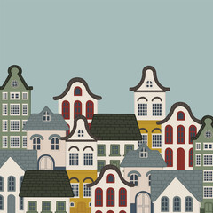 Fototapeta premium Europe Dutch style building and houses facade hand drawn illustration collection template. Cityscape street view. For decoration, concept proposal, design, postcard, banner, social media