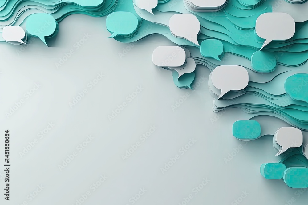 Poster abstract background with numerous speech bubbles in teal and white, forming a wave-like pattern on a