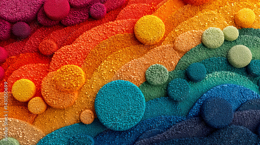 Poster macro shot of vibrant textured surface with colorful foam bubbles in a rainbow gradient, giving a ta