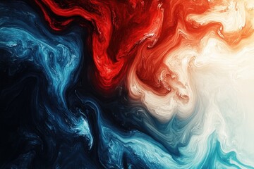 Abstract swirling colors of red, blue, and white create a dynamic artwork.