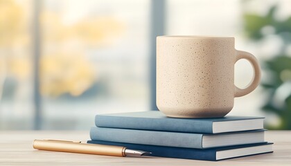 Fototapeta premium A ceramic coffee mug sits atop a stack of three blue notebooks with a gold pen resting in front