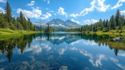 Fototapeta premium Serene Mountain Lake Reflection: A Picturesque Alpine Paradise