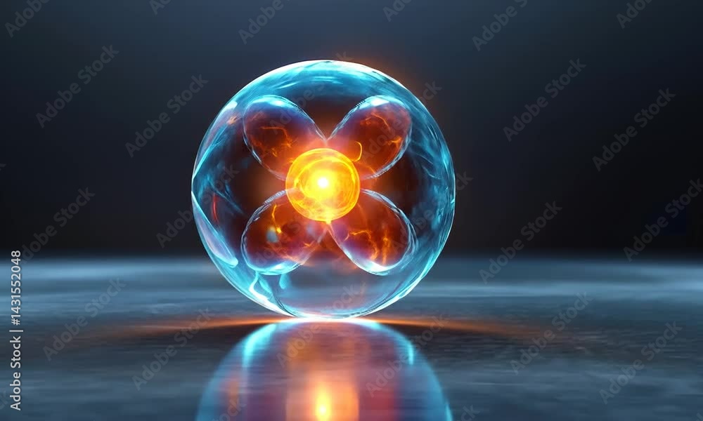 Poster glowing abstract sphere with fiery core, reflecting on a smooth surface in a dark environment