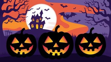 Spooky Halloween Night with Glowing Jack-o'-Lanterns a Haunted House on a Hill, and Bats Flying Under a Twilight Sky Framed by Barren Trees, Capturing the Mysterious and Festive Spirit of the Holiday
